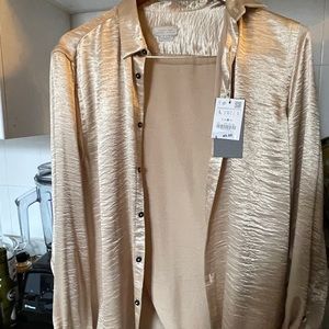 Crinkle silk shirt L slim fit brand new champagne